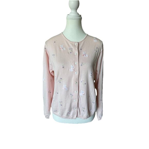 Marisa Christina Sweaters - Marisa Christina Vintage Pink Cotton Cardigan Bunny Floral Embroidered Large